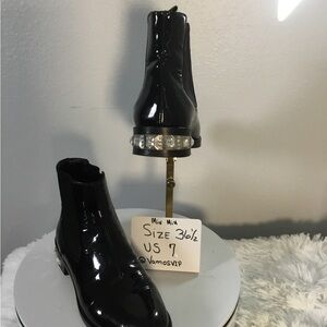 Miu Miu Patent Leather Black Ankle Boots with Crystal Heel Accent